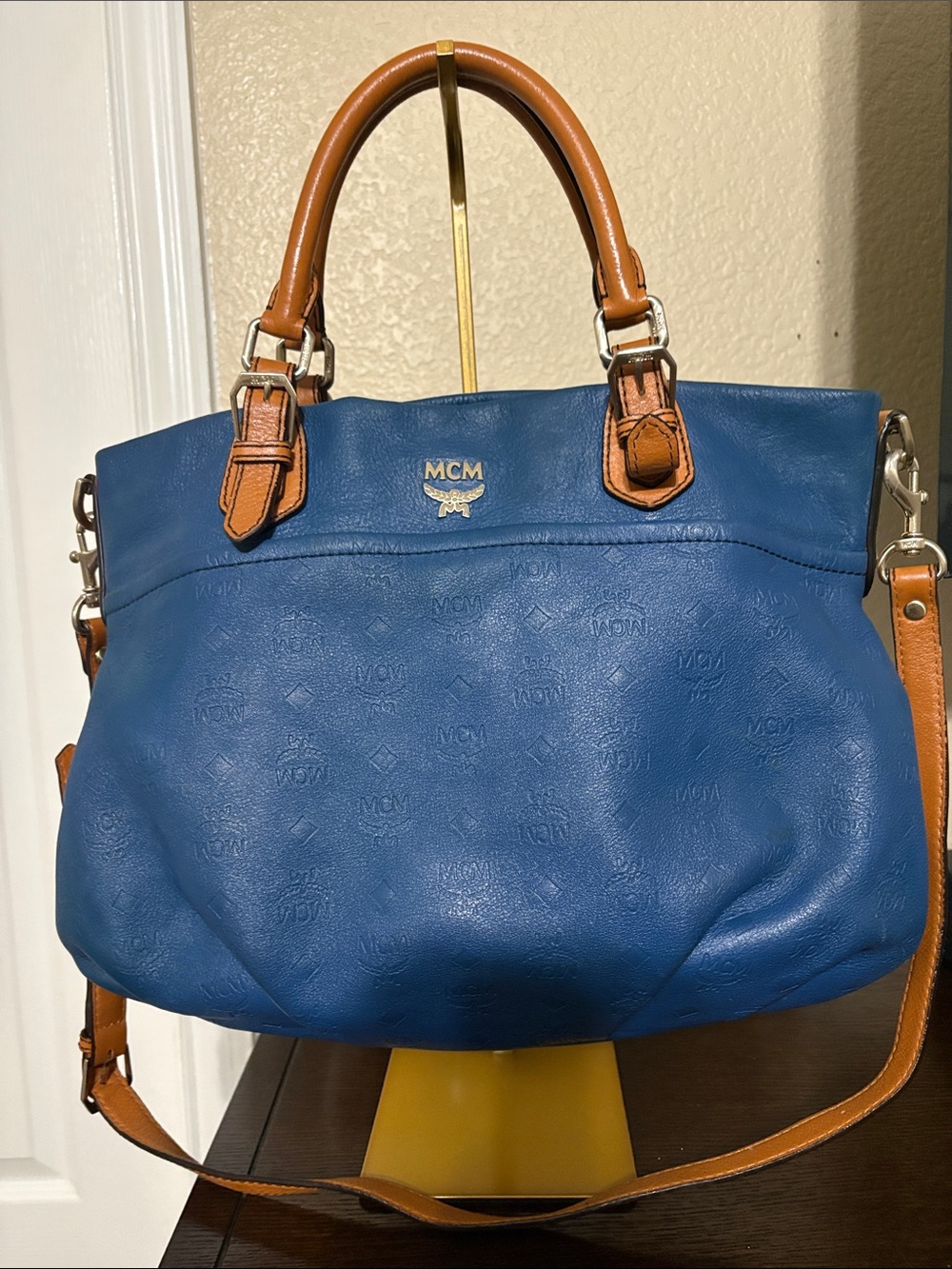 MCM Blue Leather Embossed Logo Satchel/Shoulder Bag with Crossbody
Strap